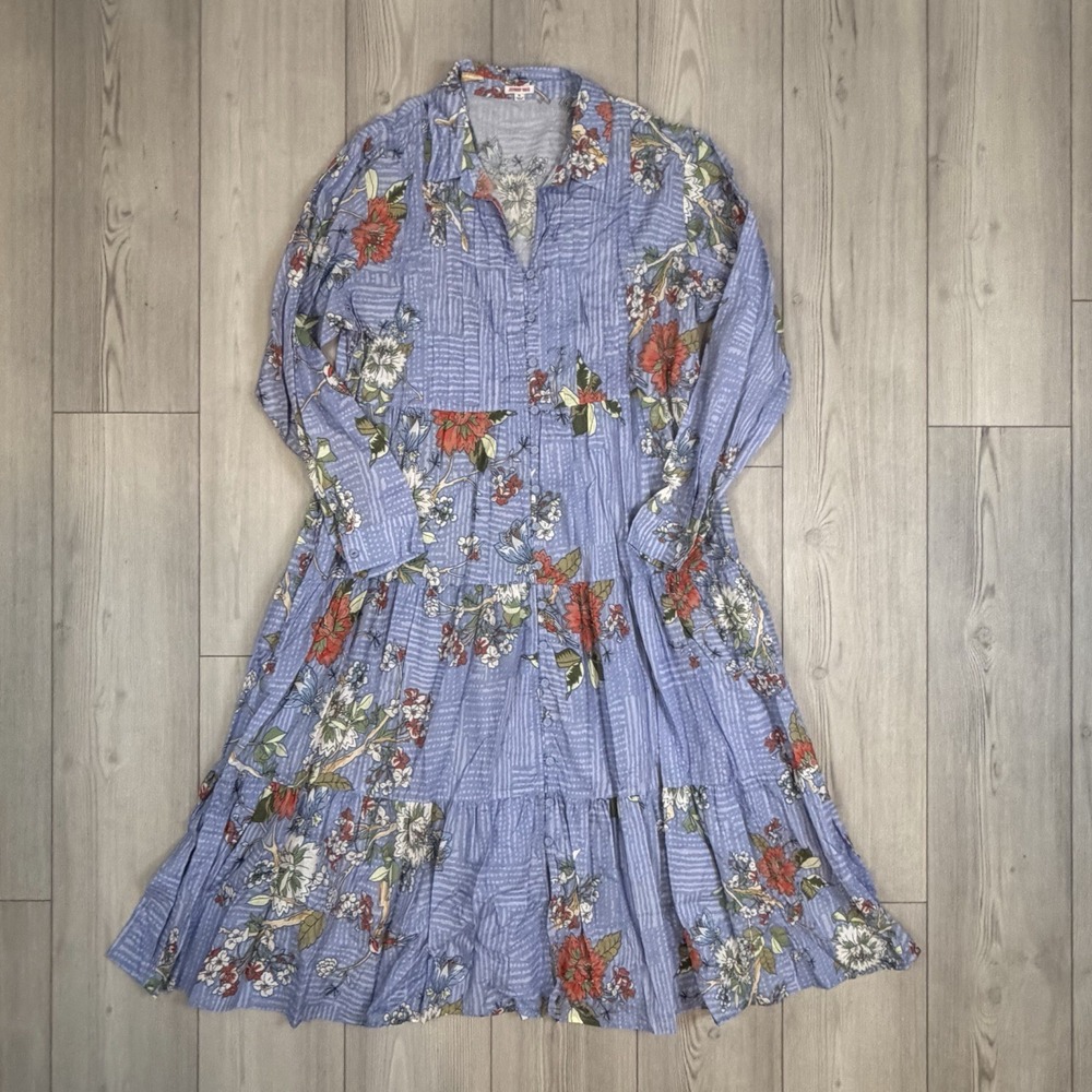 Johnny Was XL Mosaic Tiered‎ Wanderer Midi in Blue Floral Cotton Shirt Dress - Picture 2 of 12